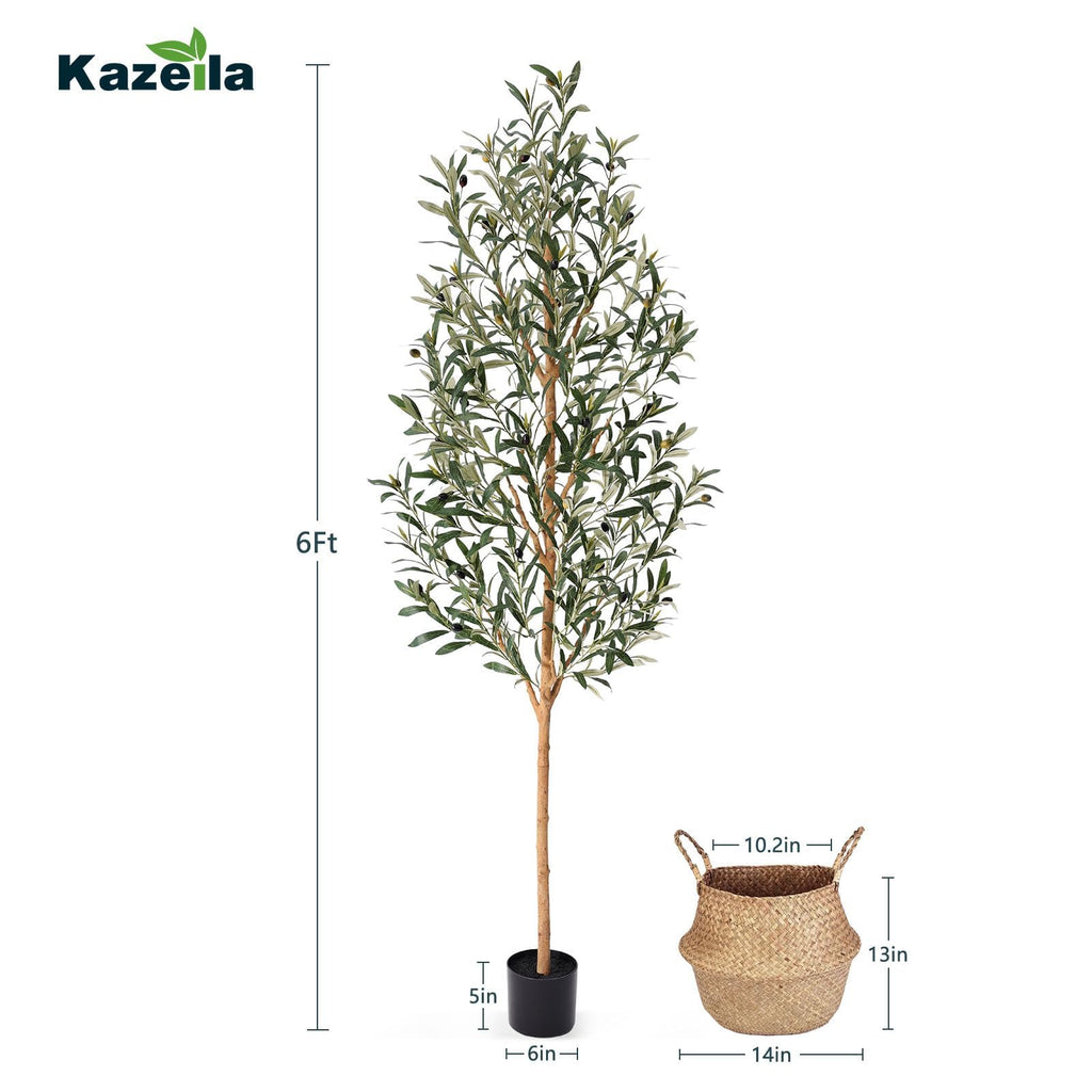 Faux Olive Tree 6FT - Tall Artificial Plants Indoor with Real Wood Trunk & Seagrass Basket, Lifelike Silk Leaves &