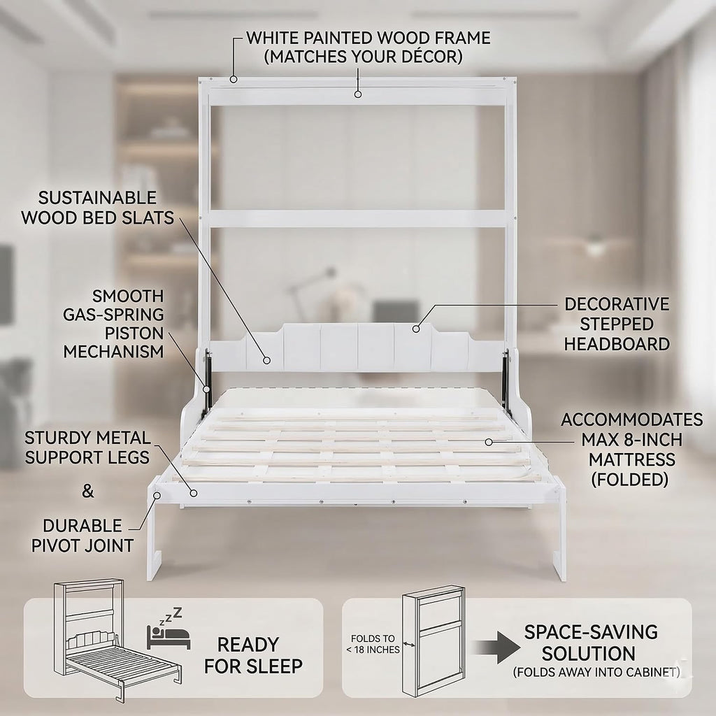 Queen Murphy Bed, Wooden Queen Murphy Bed Wall Bed with Sofa and Cushion, for Home Office or Small Room, White