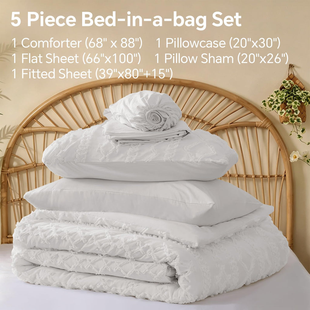 Twin XL Comforter Set 5 Pieces, Boho Bed in a Bag, White
