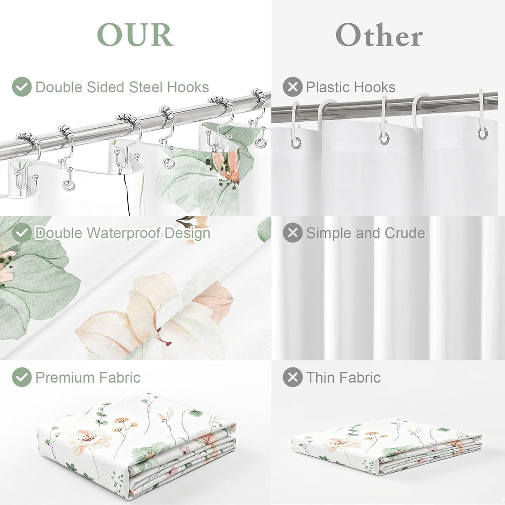 3 in 1 Shower Curtain Set, Sage Green Watercolor Floral Bath Curtain and PEVA Liner Set with 12 Double Sided Steel