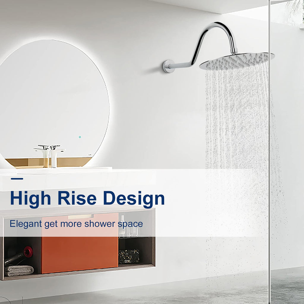 Shower Extension Arm with Flange - S Shaped High Arc Gooseneck Long Shower Extender Pipe, Perfect for Rainfall Shower