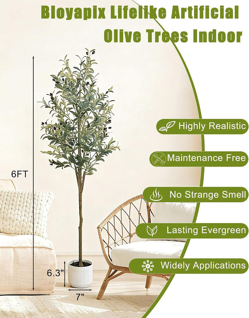 6FT Olive Trees Artificial Indoor, Faux Olive Tree with White Planter, Tall Fake Olive Silk Tree with Lifelike Wood