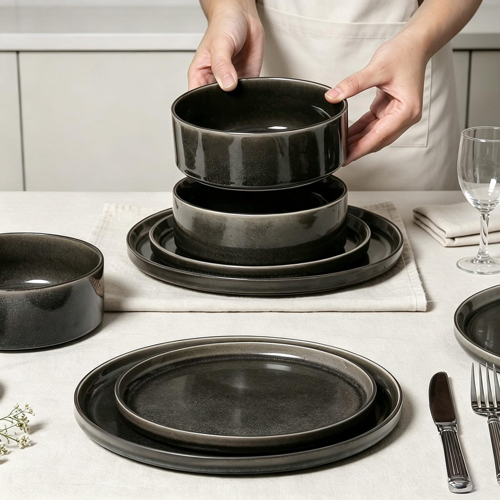 Dinnerware Sets for 4, 12 pcs Reactive Glaze Plates and Bowls Sets, Black