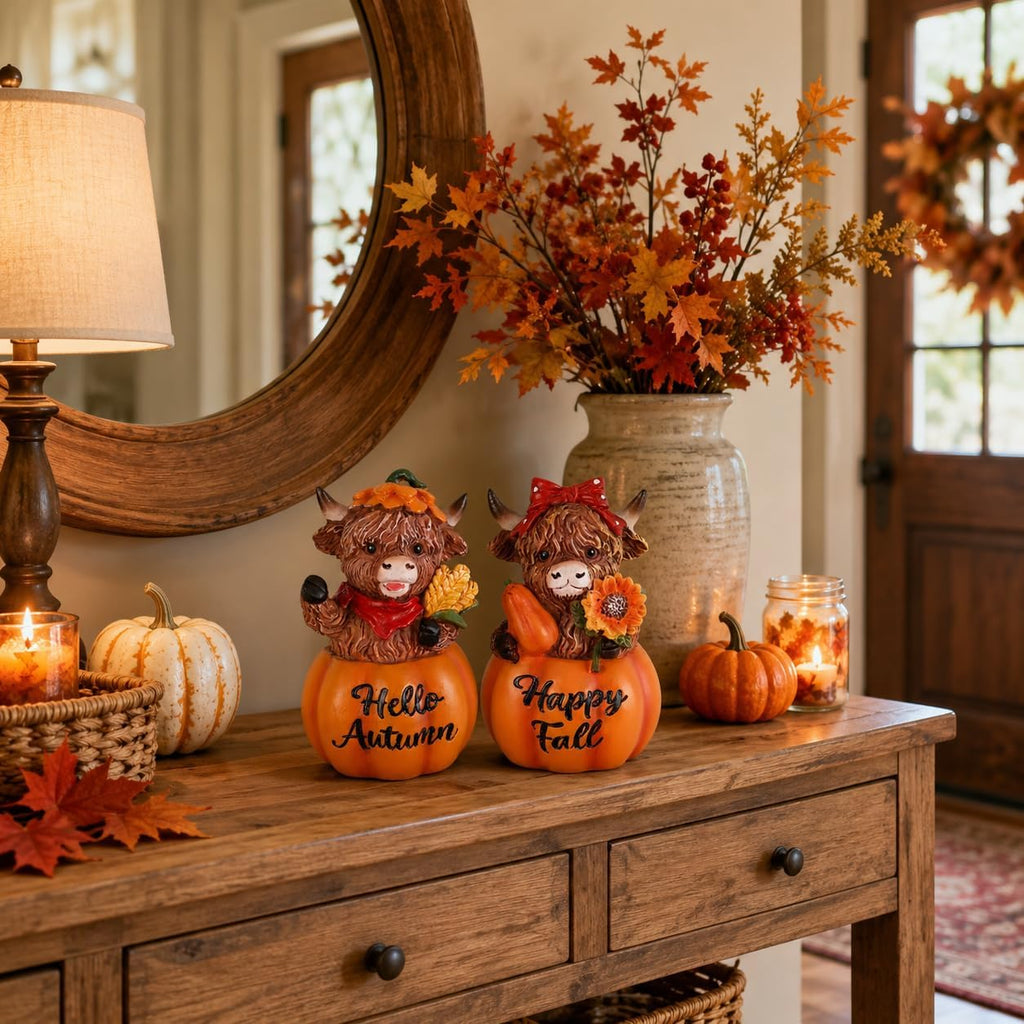 Fall Decorations, Resin Highland Cows Figurines for Fall Decor, Rustic Pumpkin Harvest Ornaments - Set of 2