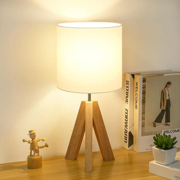 Small Beside Table Lamp, Wood Tripod Table Lamp with White Fabric Shade, Cute Boho Nightstand Minimalist Desk Lamp