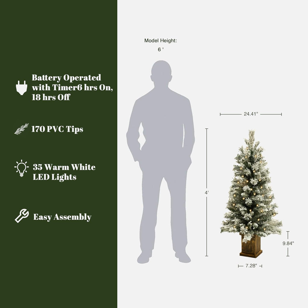 LuxenHome 4FT Prelit Flocked Potted Christmas Tree, Lighted Pencil Tree