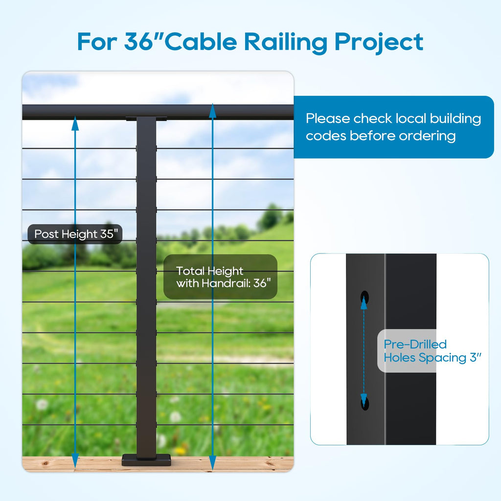 Level Drilled Cable Railing Post 36" (35"X2"x2"), Stainless Steel Black Square Deck Railing Post Flat Bracket