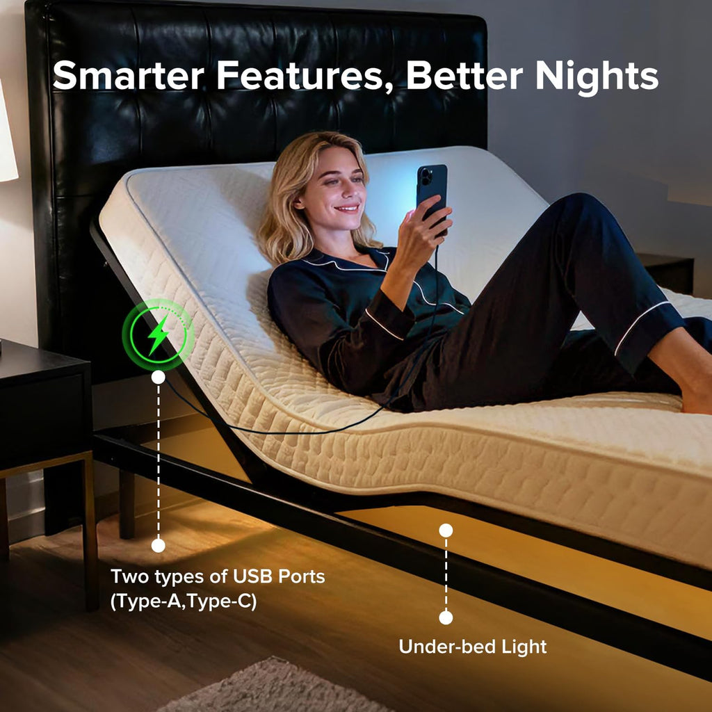 Queen Adjustable Bed Frame with Massage Head & Foot Incline, Wireless Remote, USB Ports & LED Night Light - Sturdy