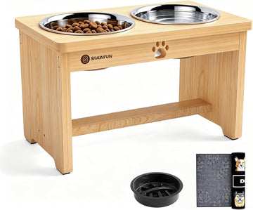 Elevated Dog Bowls with Slow Feeder & Mat for Medium and Large Dogs, 10" Tall Wooden Raised Dog Bowl Stand, 2