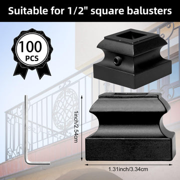 104 Pcs Iron Baluster Shoes 1/2 Inch Stair Flat Shoe with Screw Satin Black Metal Spindle Railing Square Scroll