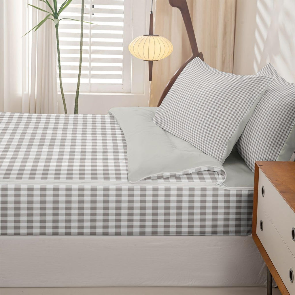 Grey Plaid Checkered Zipper Bedding Set