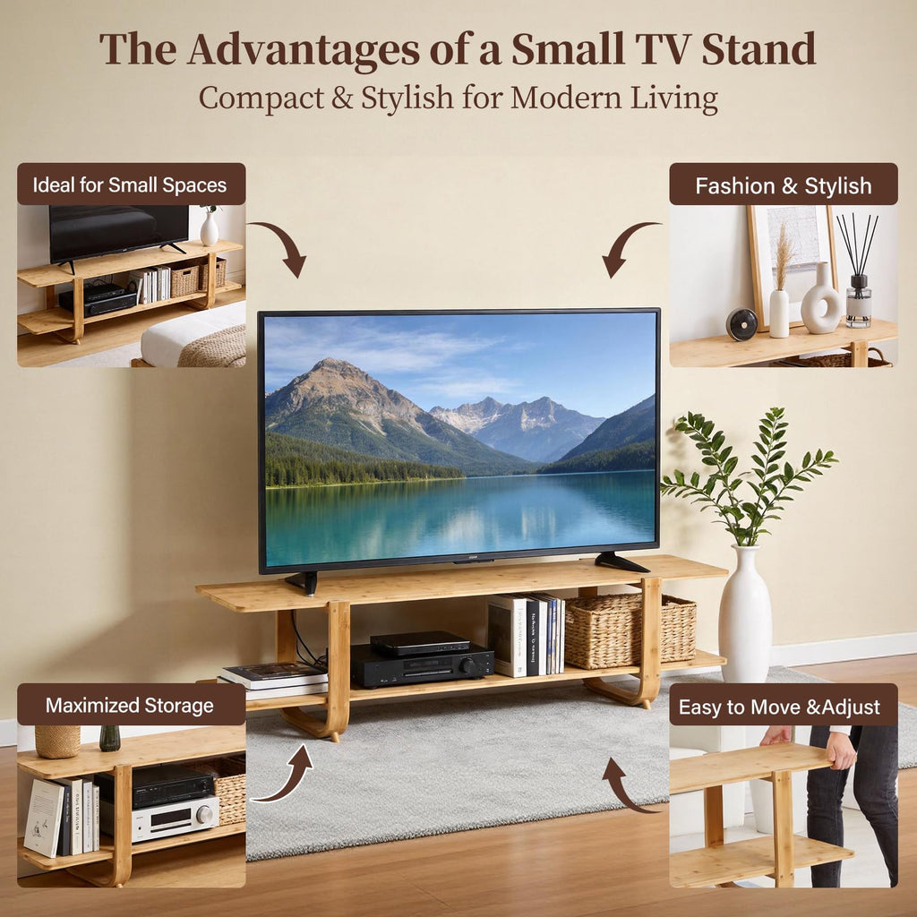Wood Bamboo TV Stand for 55-Inch TVs, 2 Open Shelves, Modern Console