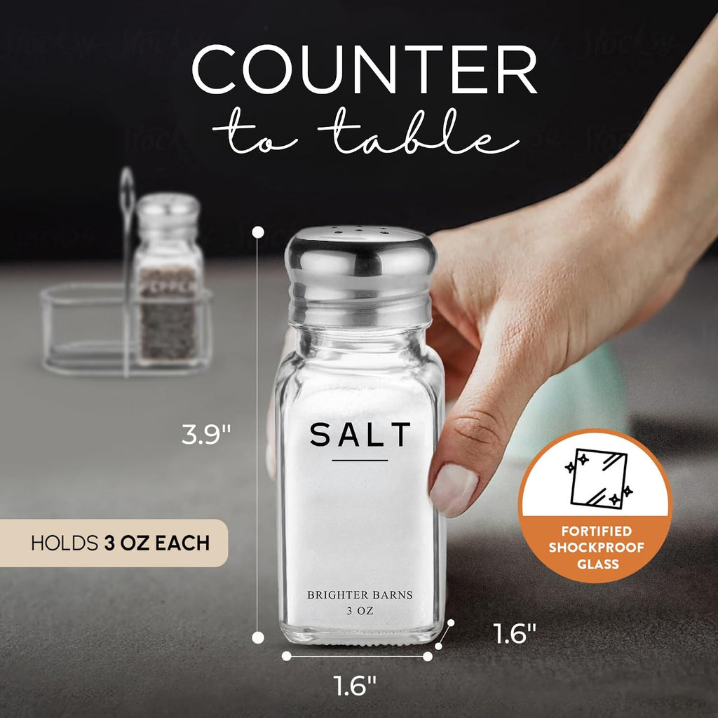 Glass Salt and Pepper Shakers Set with Holder by - Modern Kitchen Decor, Dining Table Countertop Accessory - Cute - Set of 2