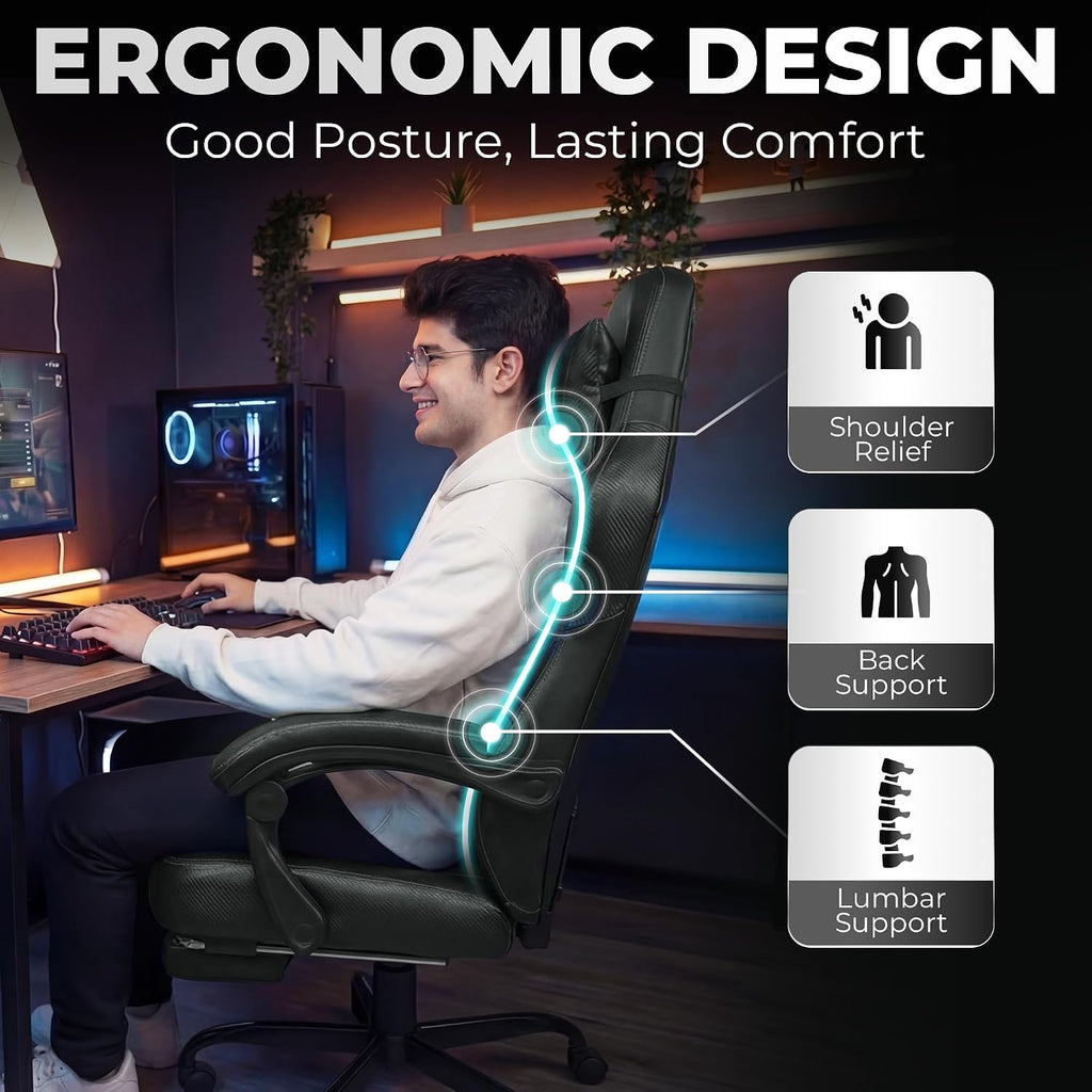 Big & Tall Gaming Chair, Footrest, Lumbar Support, Dark Black | Ergonomic High-Back Chair for Adults, Padded Wide