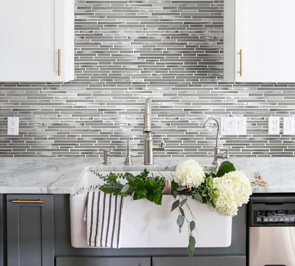 Linear Mosaic Glass & Metal Tile White & Silver 11.8x11.8 4.83 sq ft 5pk | Mesh-backed sheets. Kitchen backsplash