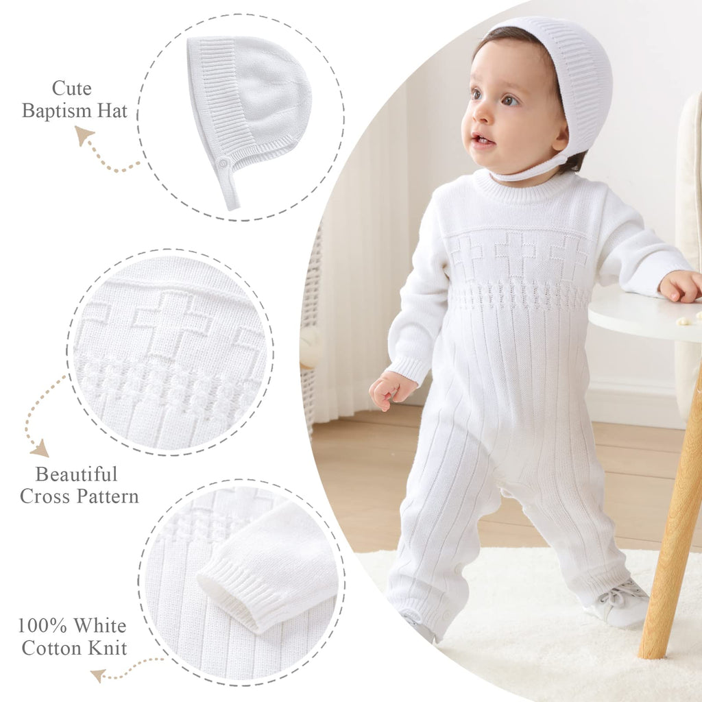 Baby Boy Baptism Outfit Baby Knit Sweater Romper Bonnet