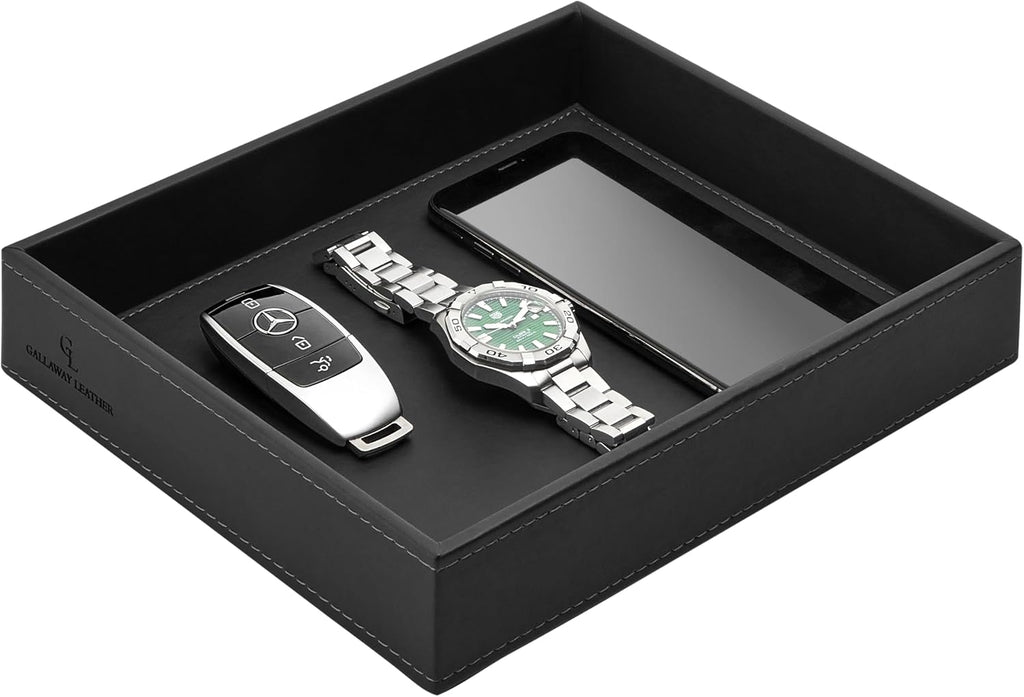 Valet Tray for Men - Nightstand Organizer EDC Tray for Wallet and Keys - Dresser Leather Catchall Dump Key Tray