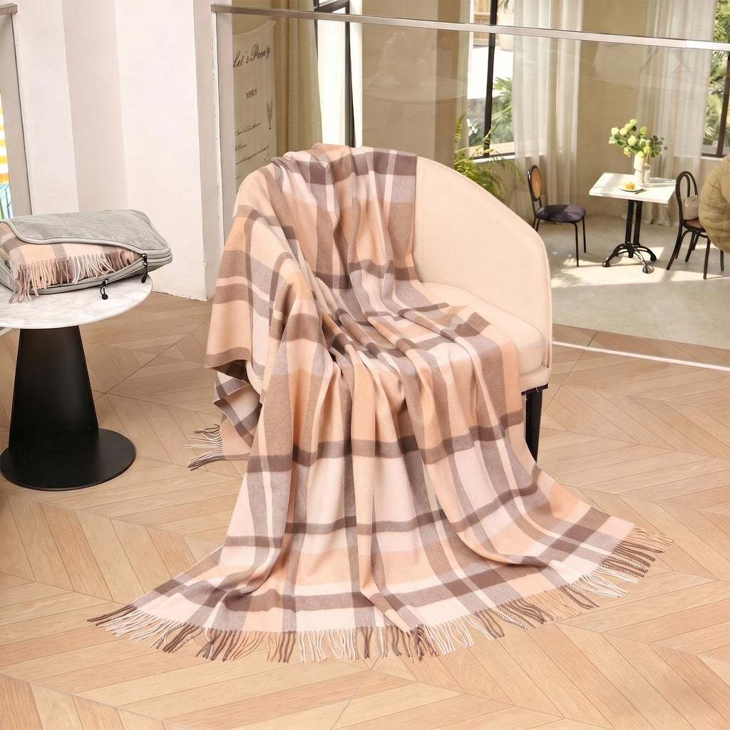 Pure Wool Plaid Throw Blanket, Super Soft Lightweight Home Decorative Throw