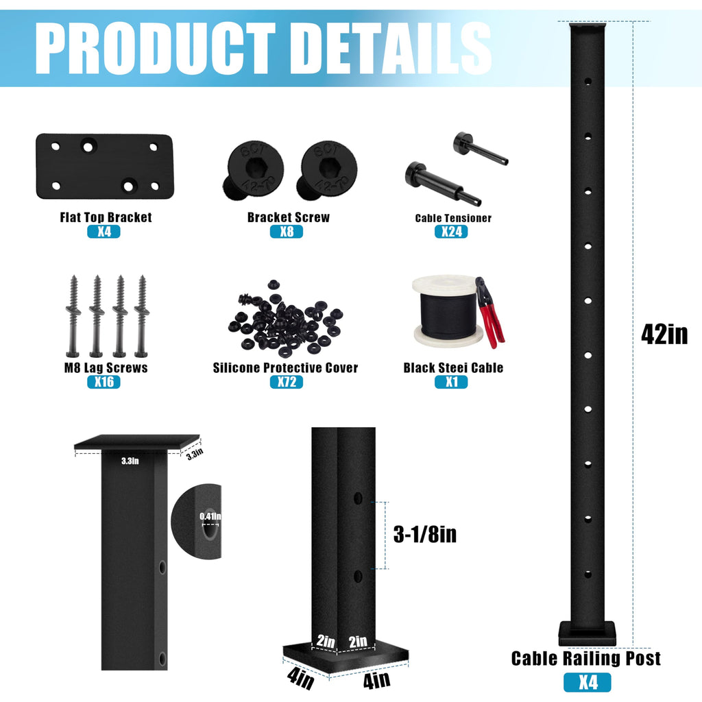 15FT 42" Complete Black Cable Railing Post Kit 4 line Post Kit -Cable Railing System for Deck Easy DIY (No Handrail)
