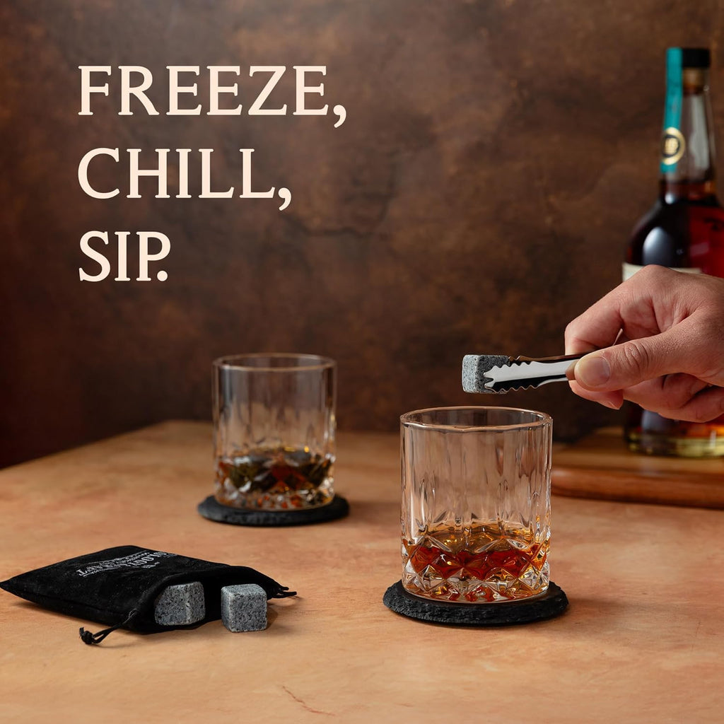 Whiskey Stones Gift Set: with Two 10oz Lead-Free Crystal Whiskey Glasses, 8 Whiskey Stones with Velvet Bag, 2 Slate