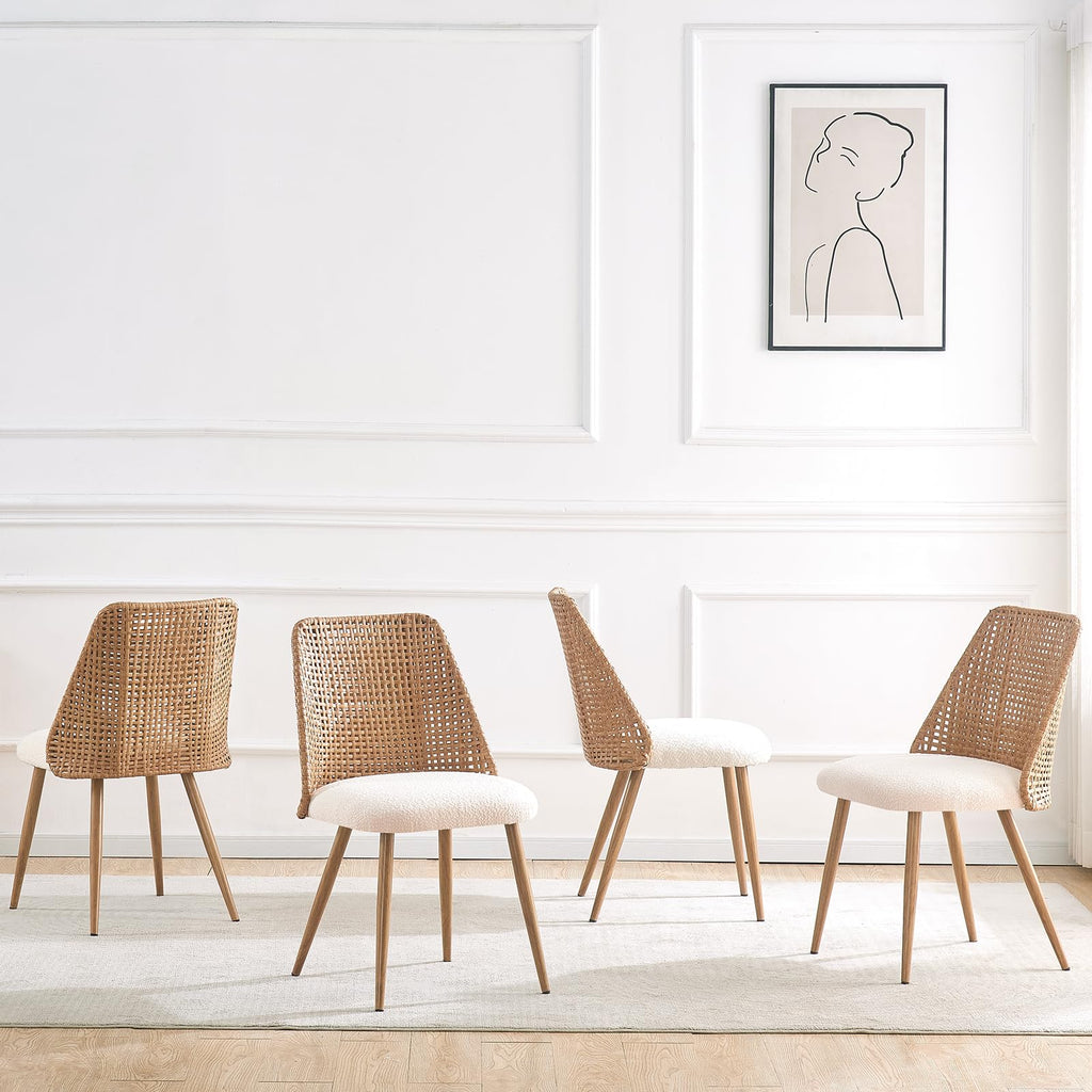 Rattan Dining Chairs Set of 4, Wicker Dining Chairs, Cane Back Dining Chairs with Woven PE Rattan Backrest and Boucle