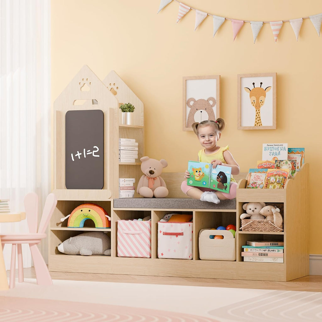 MU Kids Bookshelf with Reading Nook, Wooden Toy Storage Organizer with Chalkboard and Bench, Kids Reading Nook for