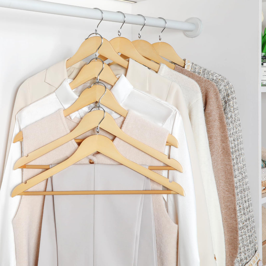 Space Saving Cascading Wooden Hangers 30 Pack, Coat Hanger with 360° Swivel Loop Hook, Non Slip Pants Bar and