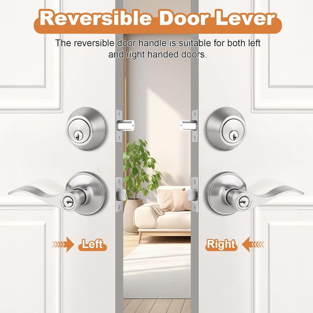 Entrance Door Lever Deadbolt Sets Drop Style Entry Door Handle Set with Single Cylinder Deadbolt in Satin Nickel