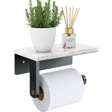 Marble Toilet Paper Holder with Shelf, Wall Mounted Matte Black
