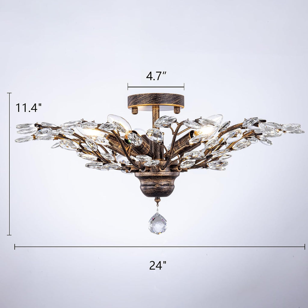 Vintage Crystal Ceiling Light Fixture, 5 Lights Bronze Semi Flush Mount Ceiling Light Fixture, Modern Farmhouse