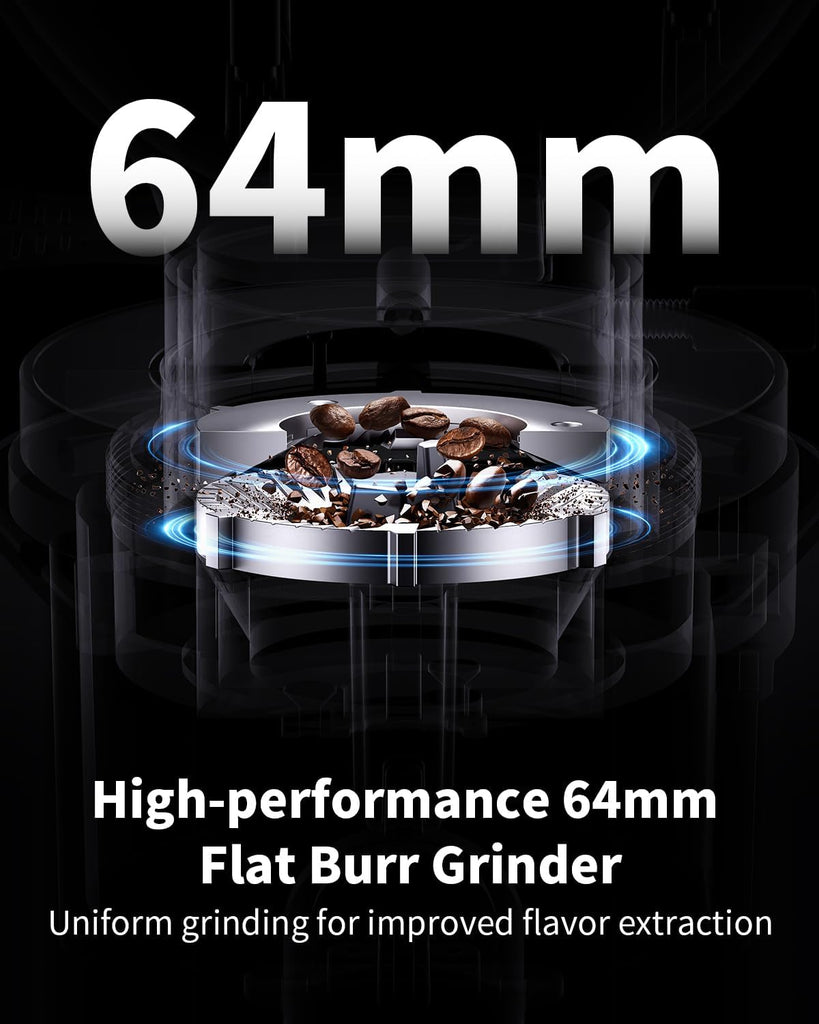64mm Flat Burr Coffee Grinder, 100 Settings, Anti-Static, Black | Electric Bean Grinding, All-Metal Chamber