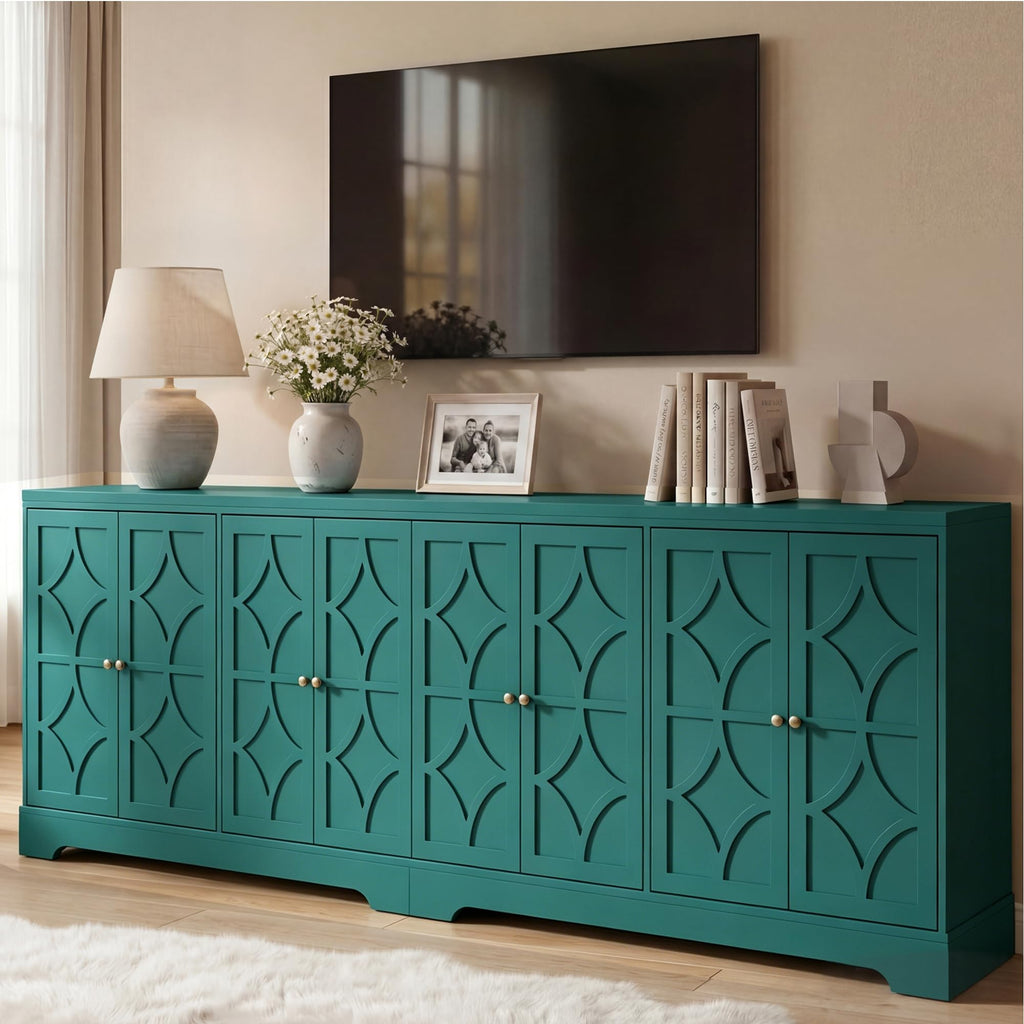 112'' Sideboard Buffet Cabinet with Storage, Modern Sideboard with 4 Carved Doors and Adjustable Shelves, Large Wood