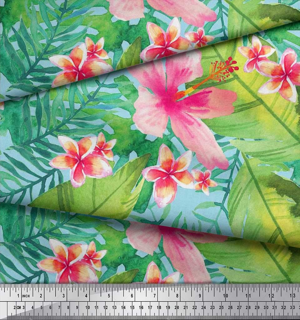 Blue Rayon Fabric Leaves & Plumeria Flower Tropical Print Fabric by The Yard 56 Inch Wide