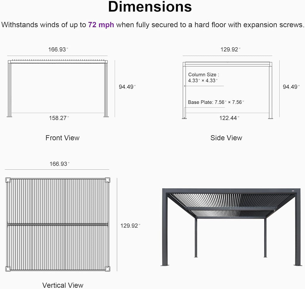 Louvered Pergola 94AS 11' x 14' Outdoor Aluminum Pergola with Shade Screen Adjustable Roof for Deck Backyard Grey