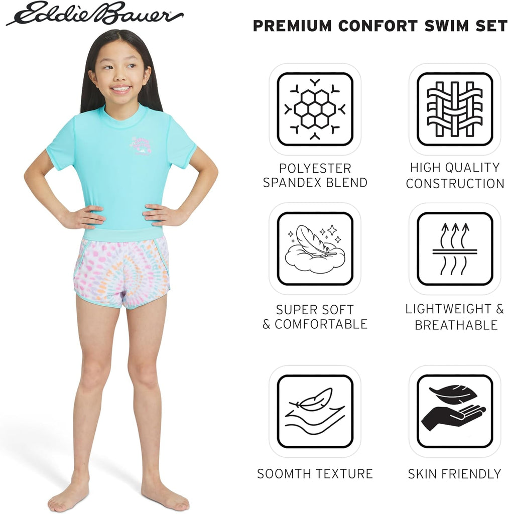Girls' UPF 50+ Rash Guard Sun Tee Shirt and Swim Short Set