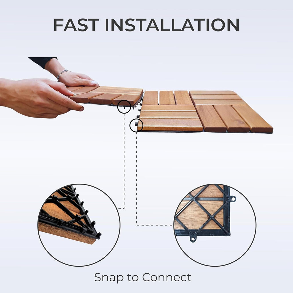 Pack of 9 Deck Tiles for Balcony, Poolside, Outdoor Area - Solid Acacia Waterproof Interlocking Deck Tiles