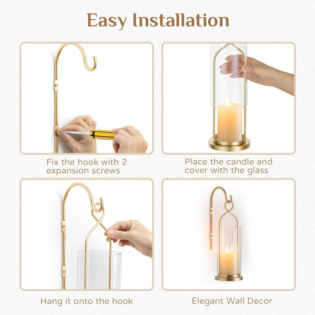 Gold Candle Sconces Set of 2, with Hurricane Glass
