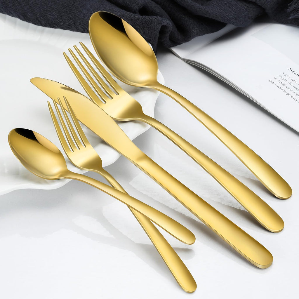 Gold Silverware Set - Stainless Steel Silverware Set for 12, Includes Forks Spoons and Knives, Utensil Sets