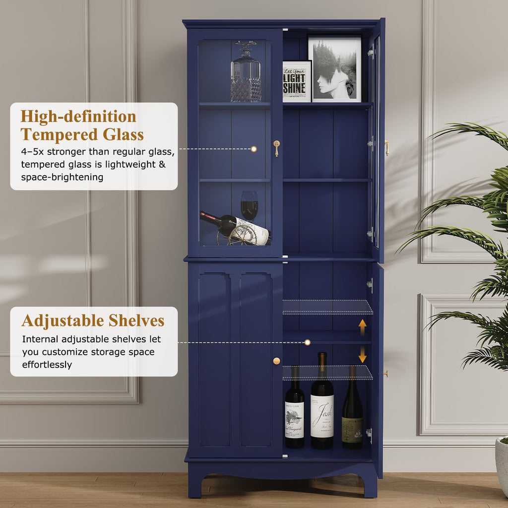 72" China Cabinet, Freestanding Kitchen Pantry with Tempered Glass Doors, Tall Sideboard Buffet Hutch with Adjustable