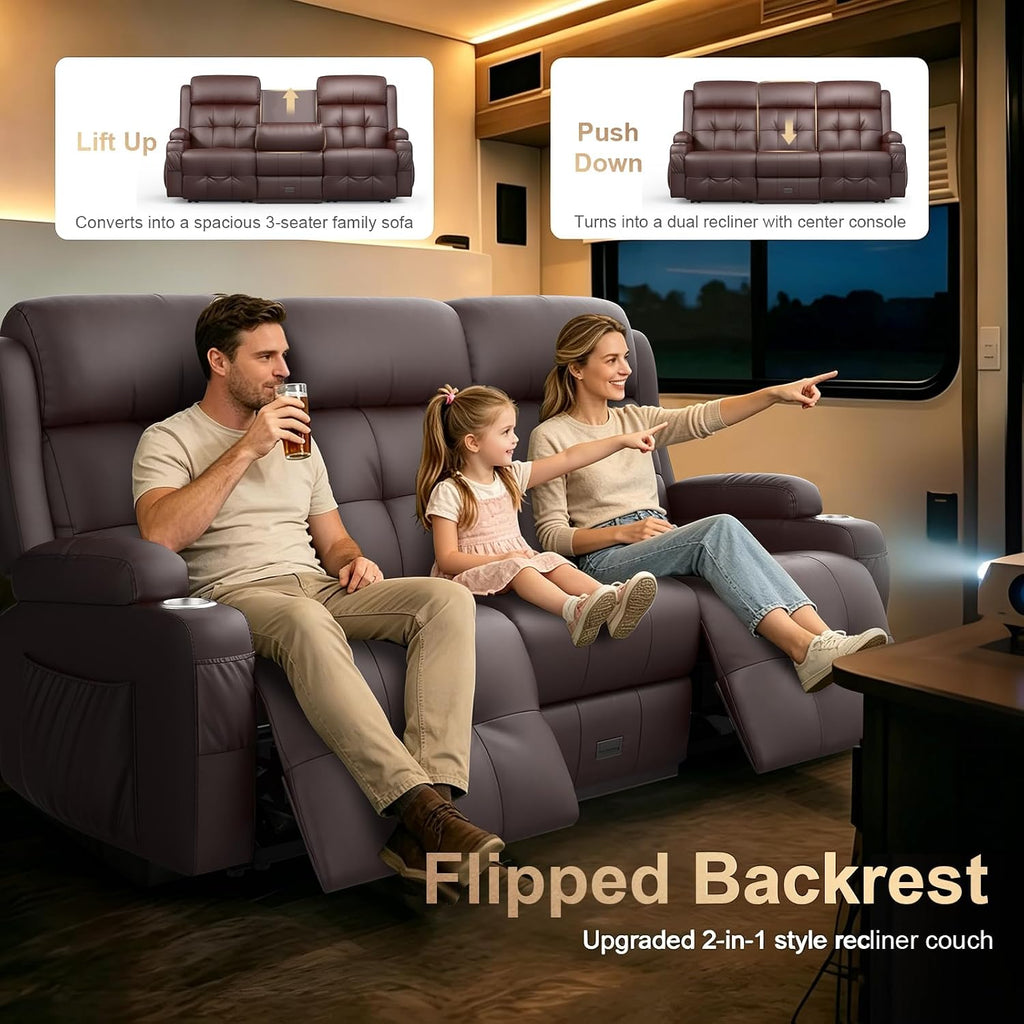 3-Seater Loveseat Recliner Sofa, Home Theater Seating Reclining Couch with Flip Middle Backrest