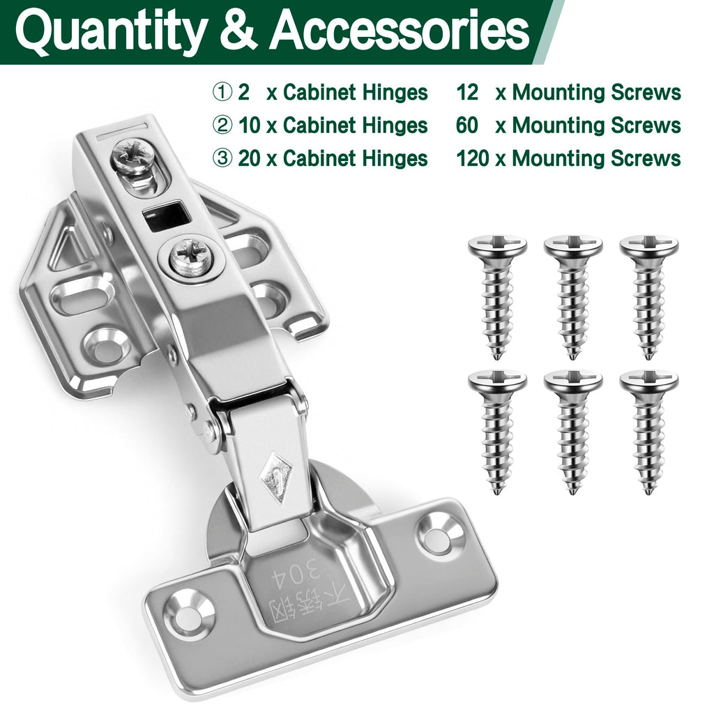 10 Pair 20 Packs Full Overlay Kitchen Cabinet Door Hinges, 105° Frameless Concealed Soft Close Adjustable Cabinet