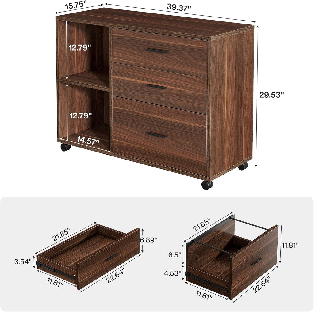 39" Wooden Filing Cabinet with Open Storage Shelf and 3 Drawers | Rolling File Cabinet with Adjustable Hanging Rail