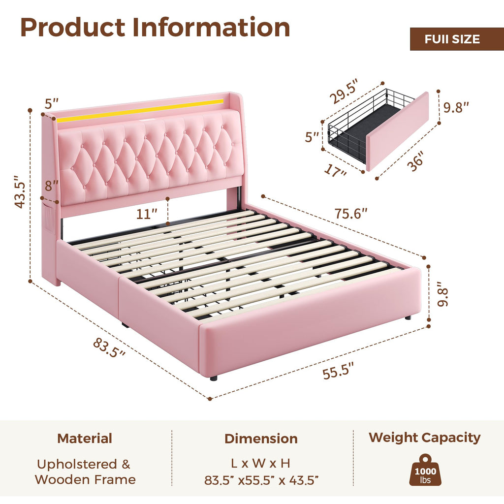 Full LED Velvet Bed Frame with 2 Storage Drawers&Hidden Headboard, Upholstered Platform Bed with Charging
