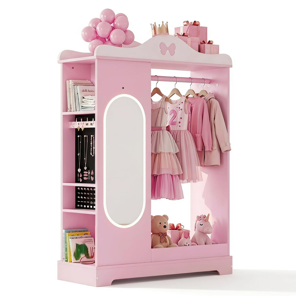 Kids Dress Up Storage with Lighted Mirror, Open Hanging Armoire, Pink