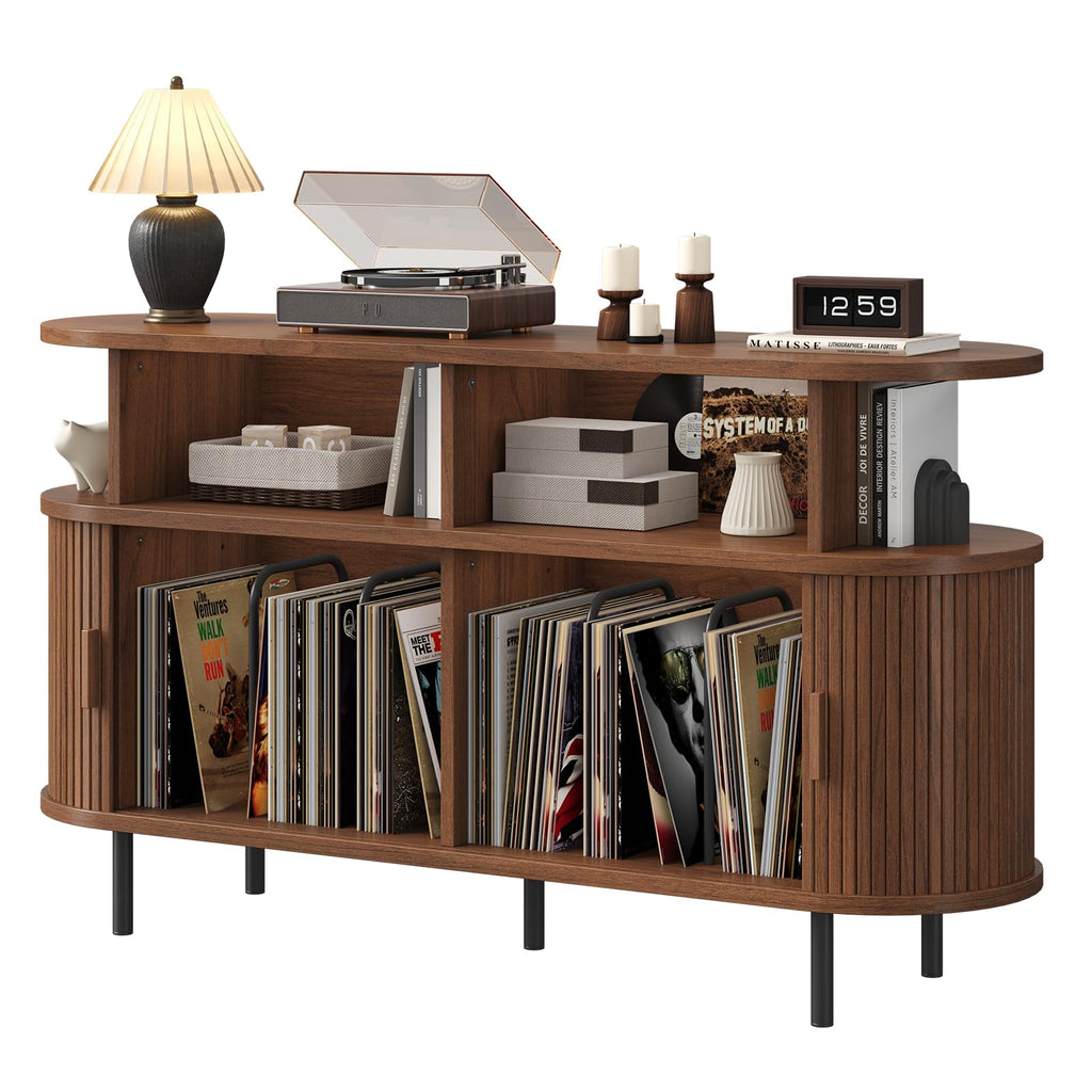 55" Large Round Record Player Stand with Charging Station, Walnut