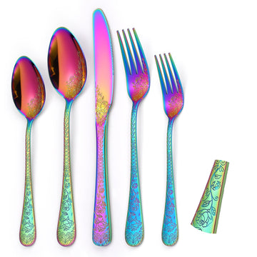 Embossed Flatware Set Rainbow 30 Piece Stainless Steel Silverware for 6 Cutlery with Floral Design Eating Utensils