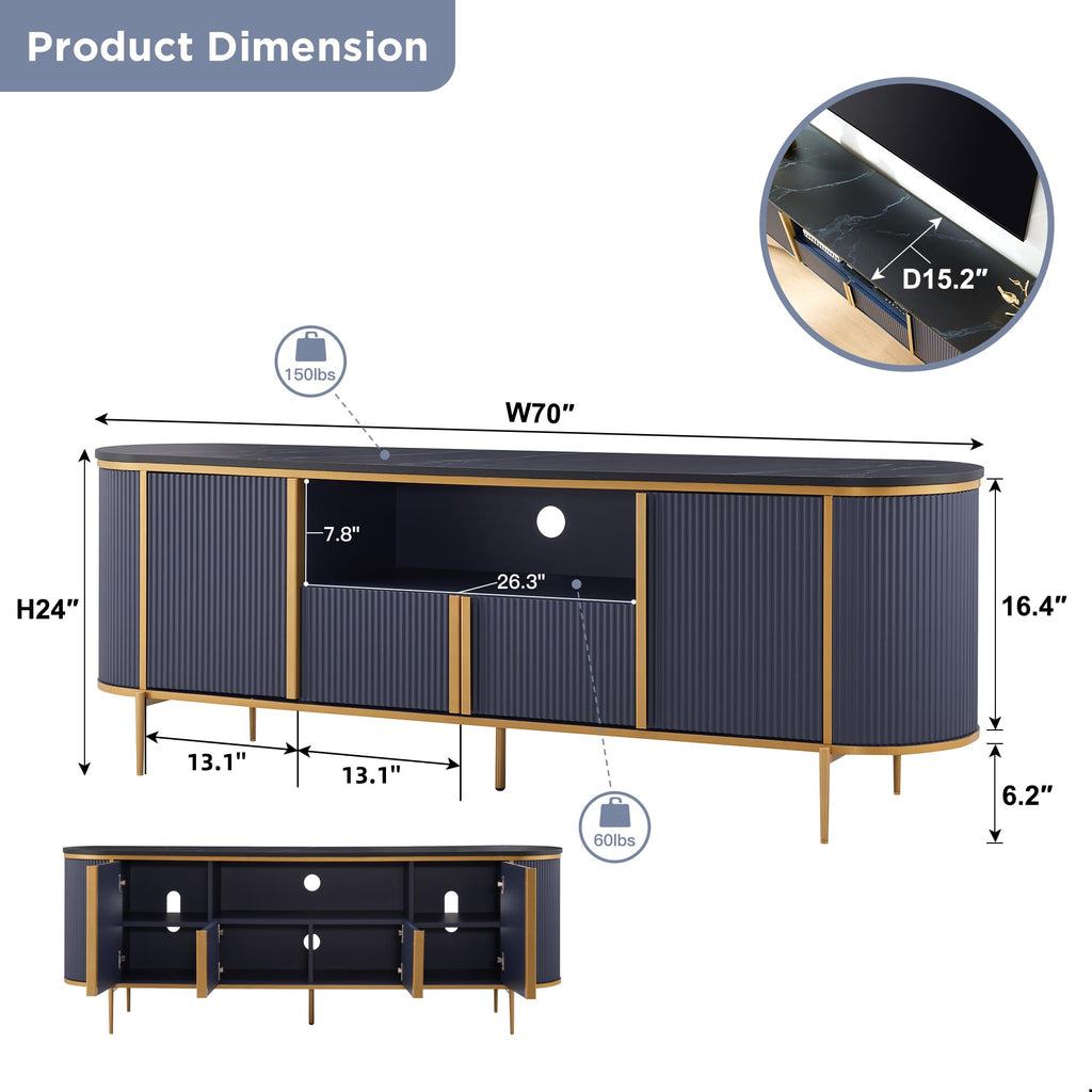 70" Fluted TV Stand with Storage, Faux Marble Top Entertainment Center for TVs Up to 80", Modern Curved Edge Media