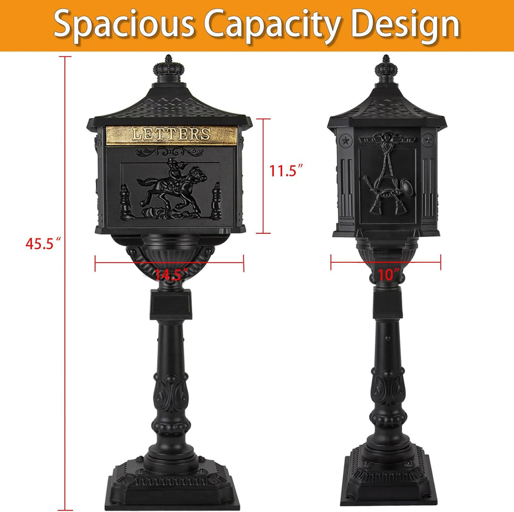 Classic Cast Aluminum Mailbox - 45.5" Postal Box with Locking Door and Keys, Vintage Design Men Women