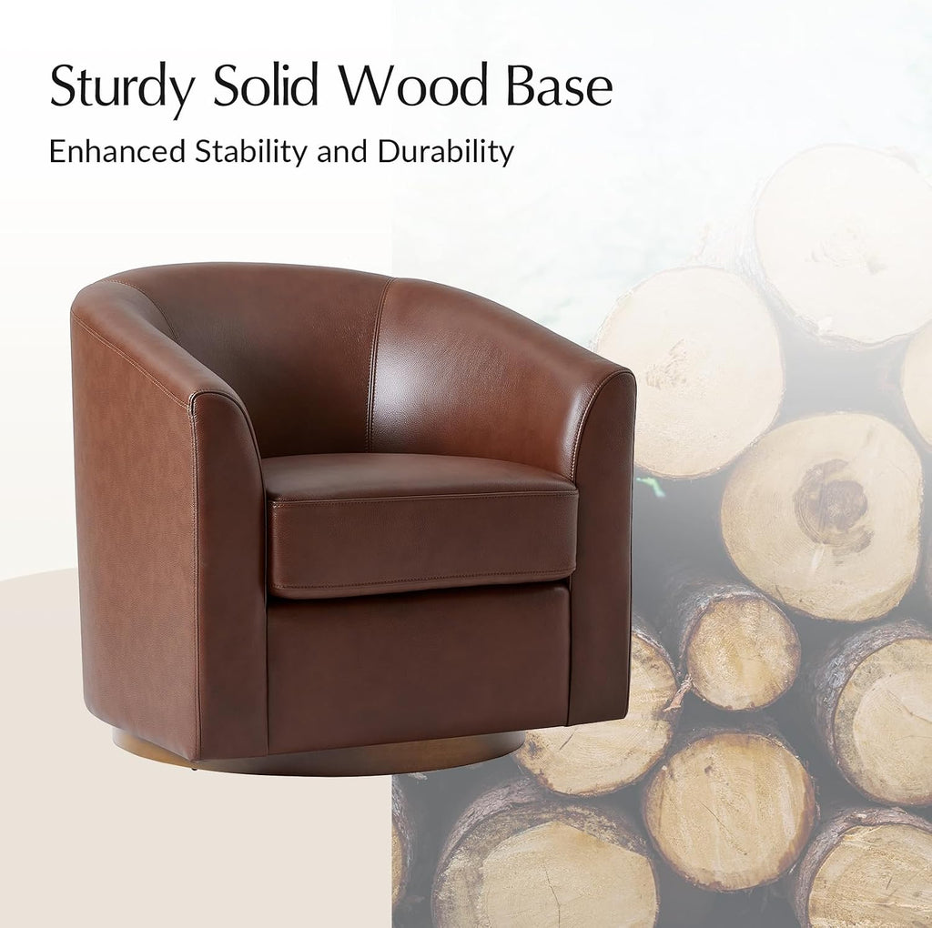 Genuine Leather Swivel Barrel Chair with Solid Wood Base, Brown