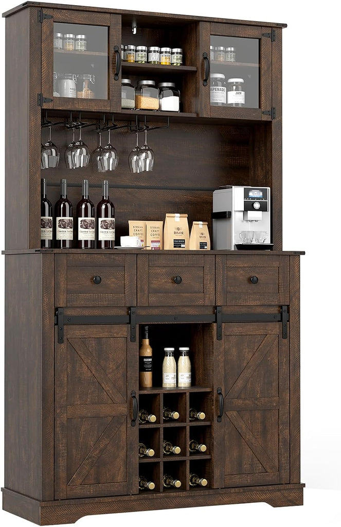 Farmhouse Coffee Bar Cabinet with Storage, Kitchen Buffet Hutch with Wine Rack & Sliding Barn Doors & Glass Doors